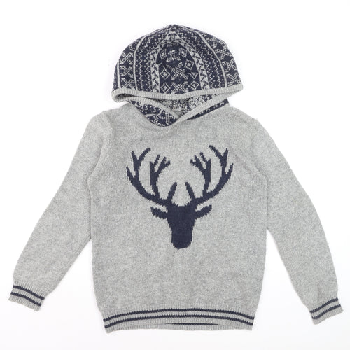 FatFace Boys Grey Hooded Deer Knit Jumper 12-13 Years Cotton Blend Winter