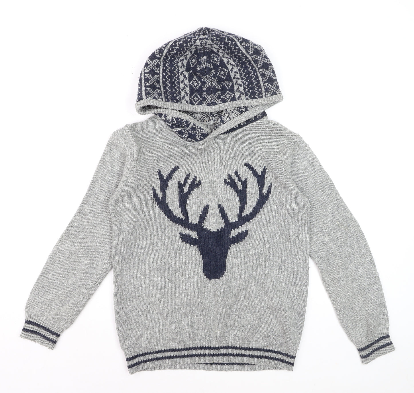 FatFace Boys Grey Hooded Deer Knit Jumper 12-13 Years Cotton Blend Winter