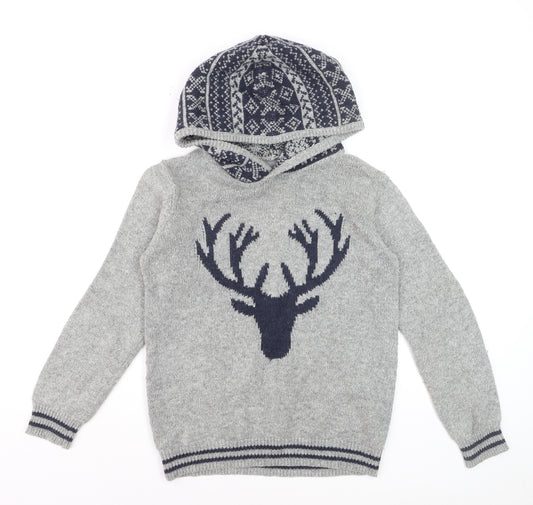 FatFace Boys Grey Hooded Deer Knit Jumper 12-13 Years Cotton Blend Winter