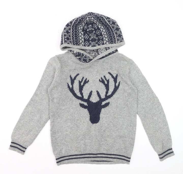 FatFace Boys Grey Hooded Deer Knit Jumper 12-13 Years Cotton Blend Winter