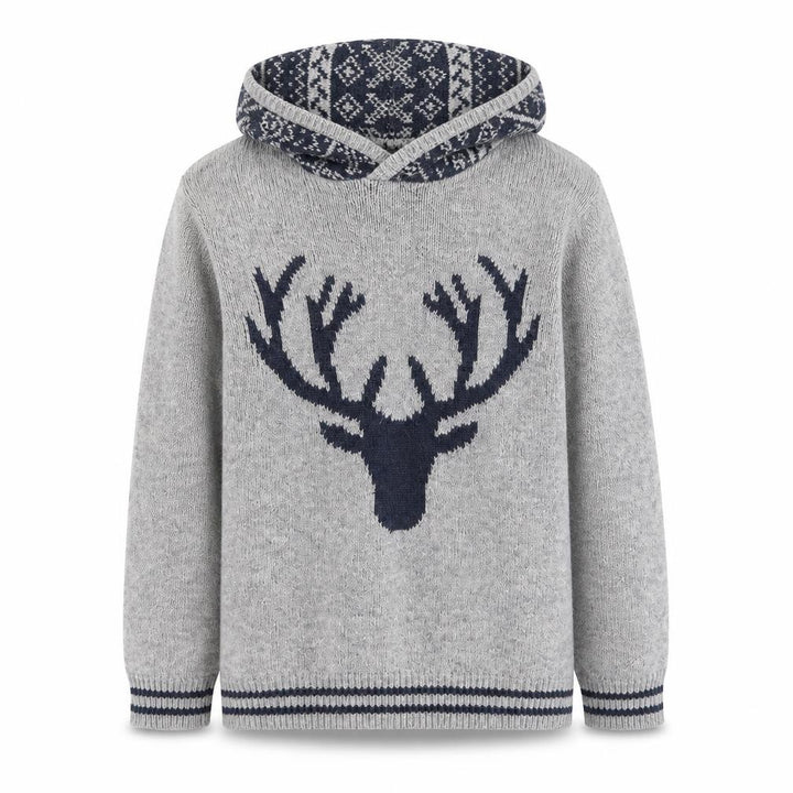 Front view of FatFace boys’ grey hooded deer knit jumper 12-13 years cotton blend winter