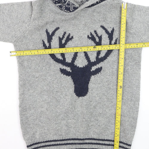 FatFace Boys Grey Hooded Deer Knit Jumper 12-13 Years Cotton Blend Winter