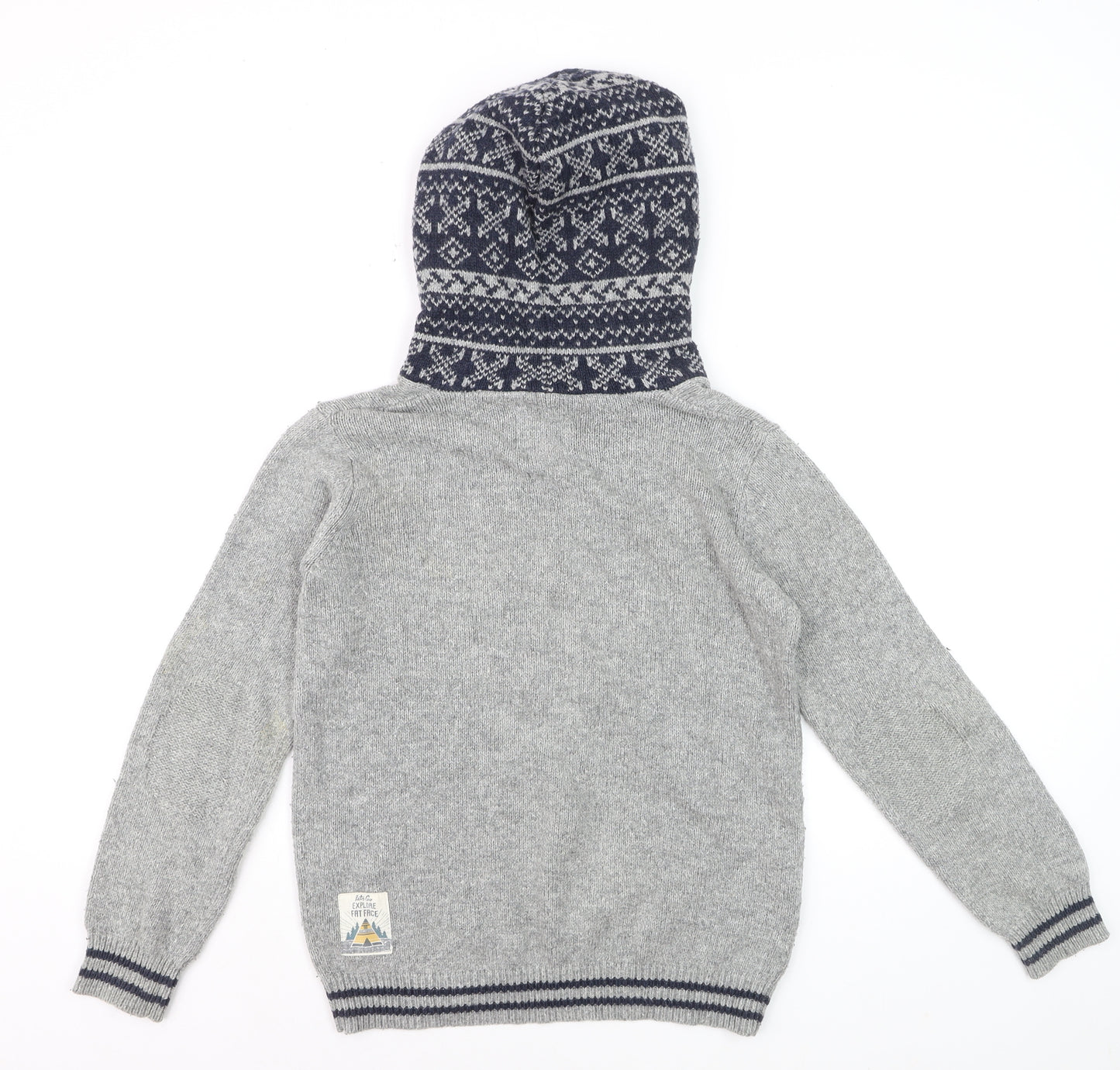 FatFace Boys Grey Hooded Deer Knit Jumper 12-13 Years Cotton Blend Winter