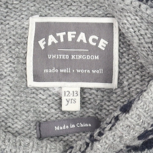 FatFace Boys Grey Hooded Deer Knit Jumper 12-13 Years Cotton Blend Winter