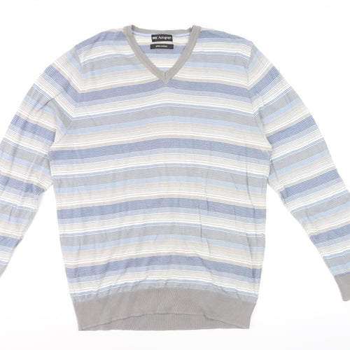 Marks and Spencer Autograph Men's Blue Striped Cotton V-Neck Jumper L