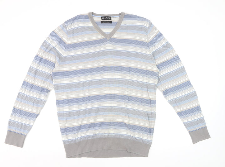 Marks and Spencer Autograph Men's Blue Striped Cotton V-Neck Jumper L