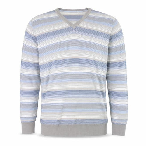 Marks and Spencer Autograph Men's Blue Striped Cotton V-Neck Jumper L