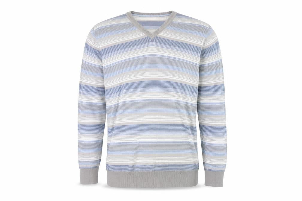 Marks and Spencer Autograph Men's Blue Striped Cotton V-Neck Jumper L