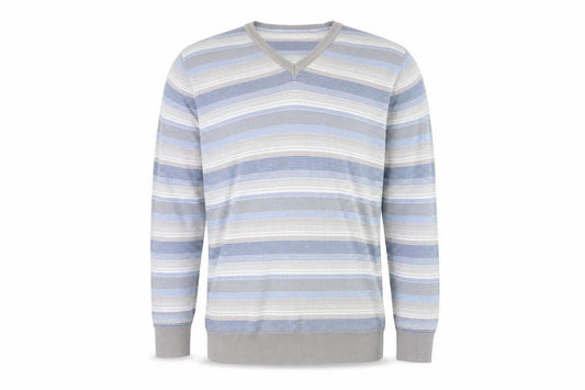 Front view of Marks & Spencer Autograph Men's Blue Striped Cotton V-Neck Jumper L
