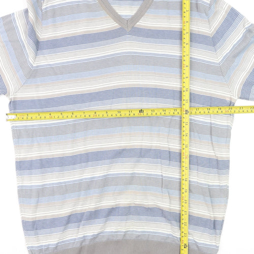 Marks and Spencer Autograph Men's Blue Striped Cotton V-Neck Jumper L