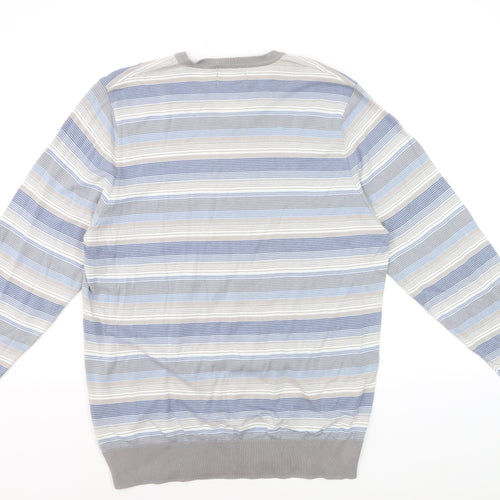 Marks and Spencer Autograph Men's Blue Striped Cotton V-Neck Jumper L
