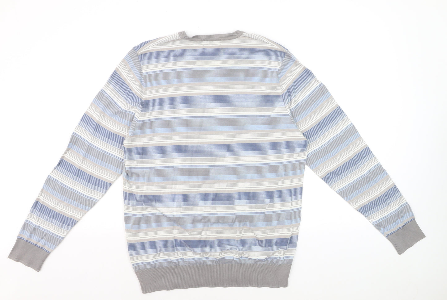 Marks and Spencer Autograph Men's Blue Striped Cotton V-Neck Jumper L