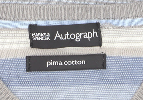 Marks and Spencer Autograph Men's Blue Striped Cotton V-Neck Jumper L