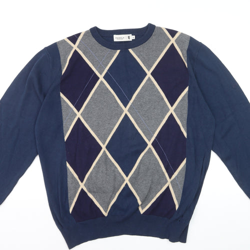 Pringle of Scotland Men’s Blue Argyle Cotton Jumper XL Crew Neck