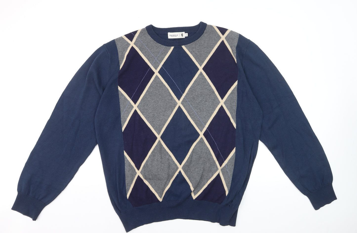 Pringle of Scotland Men’s Blue Argyle Cotton Jumper XL Crew Neck