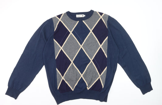Pringle of Scotland Men’s Blue Argyle Cotton Jumper XL Crew Neck
