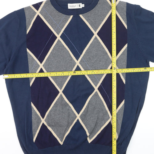 Pringle of Scotland Men’s Blue Argyle Cotton Jumper XL Crew Neck