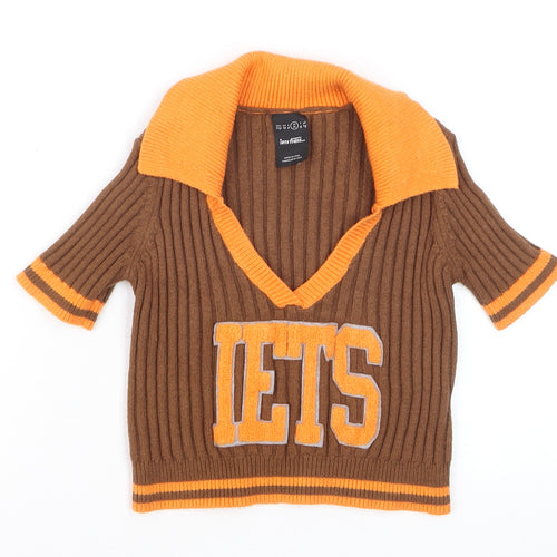 Iets Frans Girls Brown & Orange Ribbed V-Neck Pullover Jumper Size M