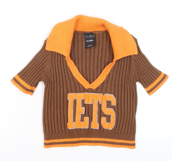 Iets Frans Girls Brown & Orange Ribbed V-Neck Pullover Jumper Size M