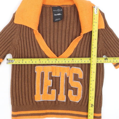 Iets Frans Girls Brown & Orange Ribbed V-Neck Pullover Jumper Size M