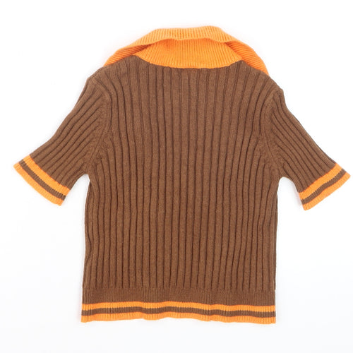 Iets Frans Girls Brown & Orange Ribbed V-Neck Pullover Jumper Size M