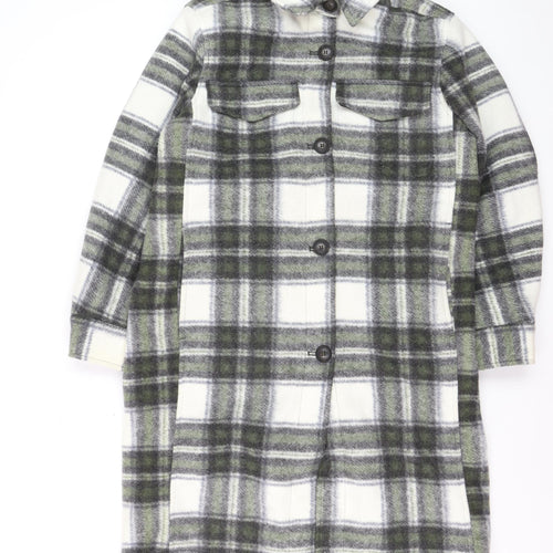 H&M Men’s Grey Check Long Overcoat Size S Polyester Button-Up