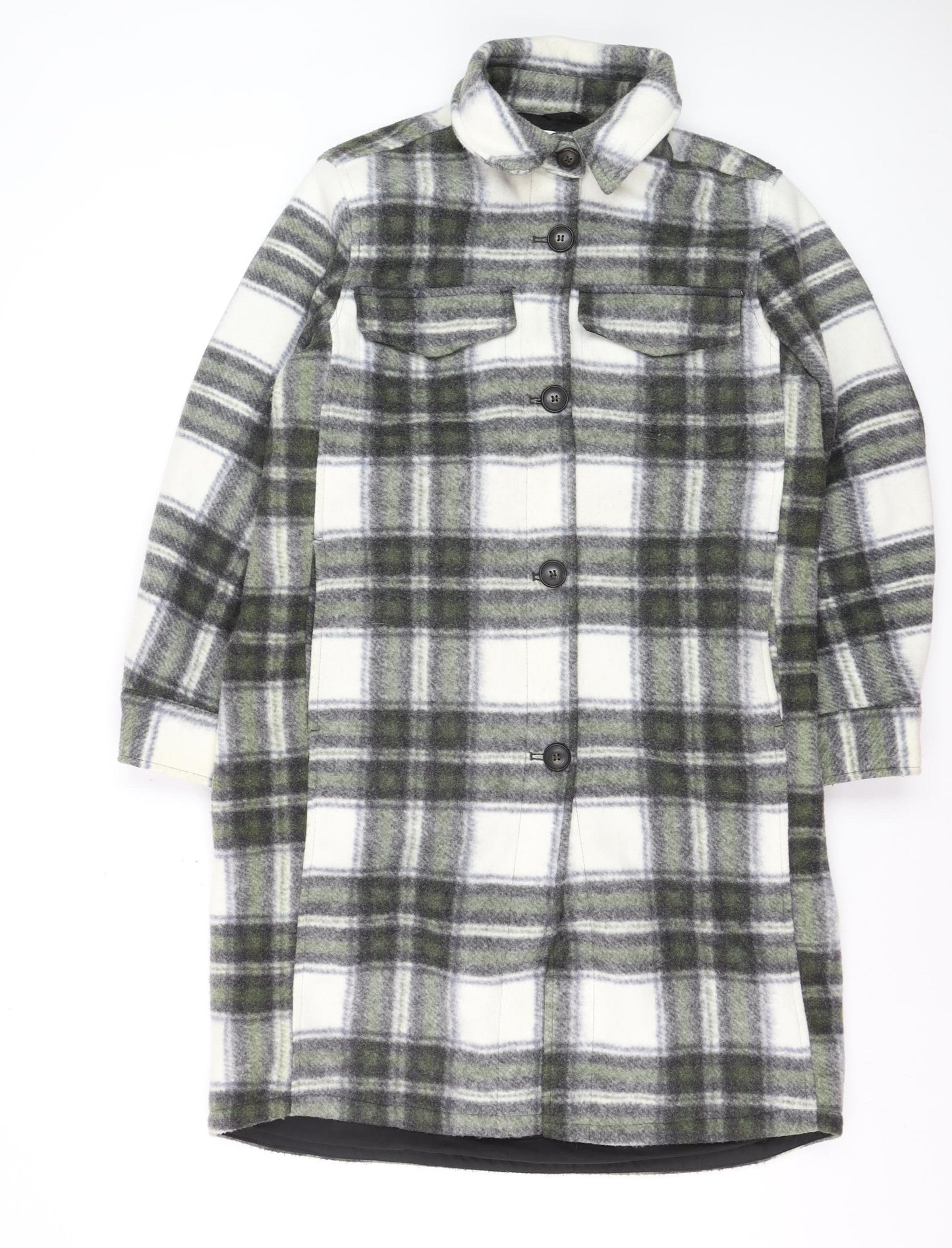H&M Men’s Grey Check Long Overcoat Size S Polyester Button-Up