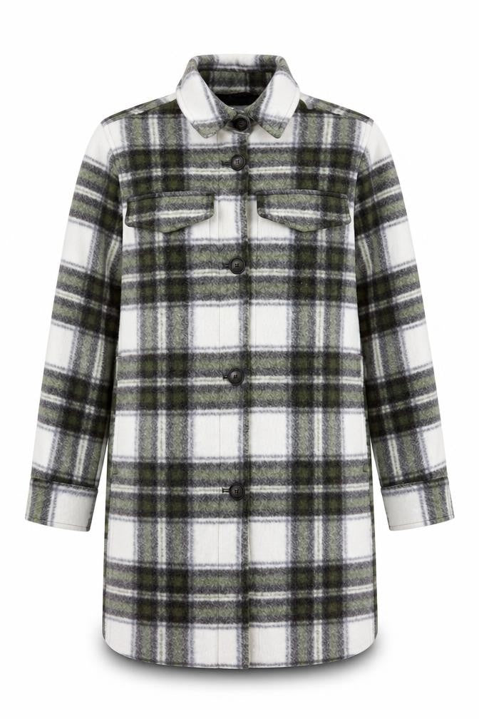 Front view of H&M Men’s Grey Check Long Overcoat, size S, Polyester Button-Up