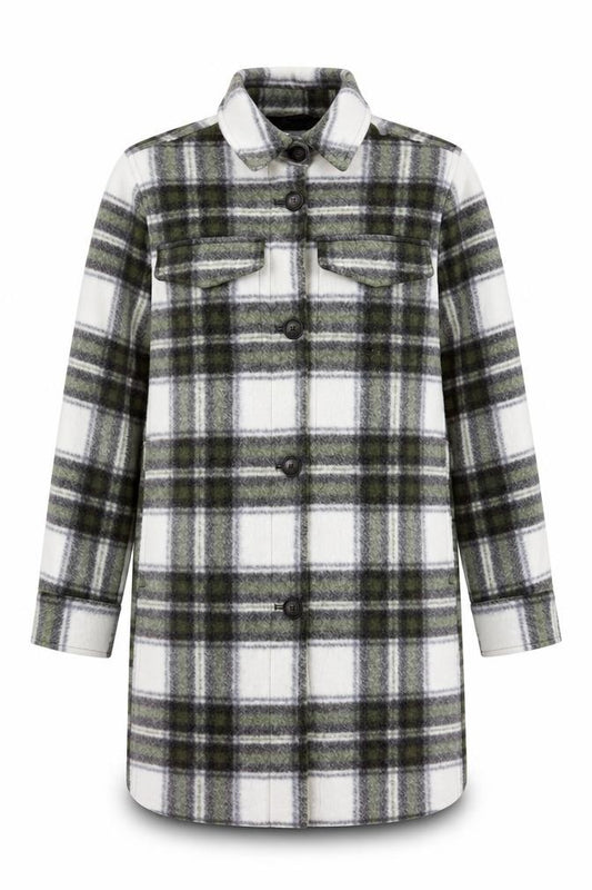 Front view of H&M Men’s Grey Check Long Overcoat, size S, Polyester Button-Up