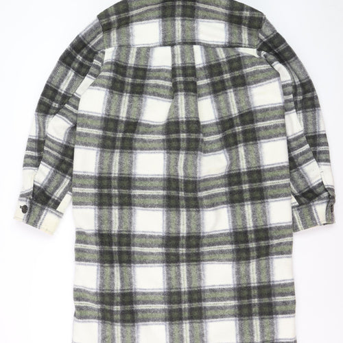 H&M Men’s Grey Check Long Overcoat Size S Polyester Button-Up