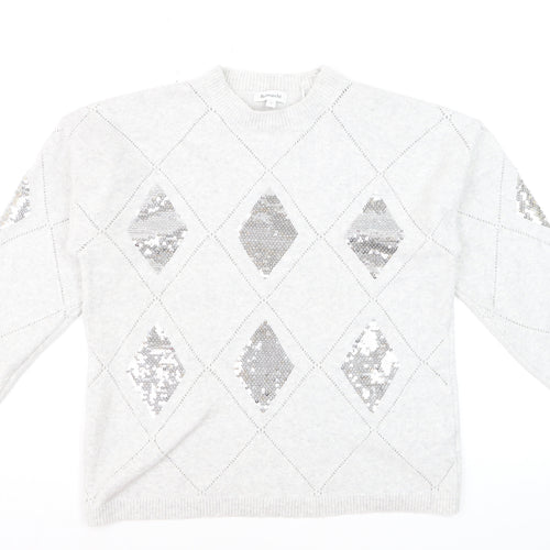 Bonmarché Women's Silver Sequin Argyle Jumper Size 14 Grey Long Sleeve Knit