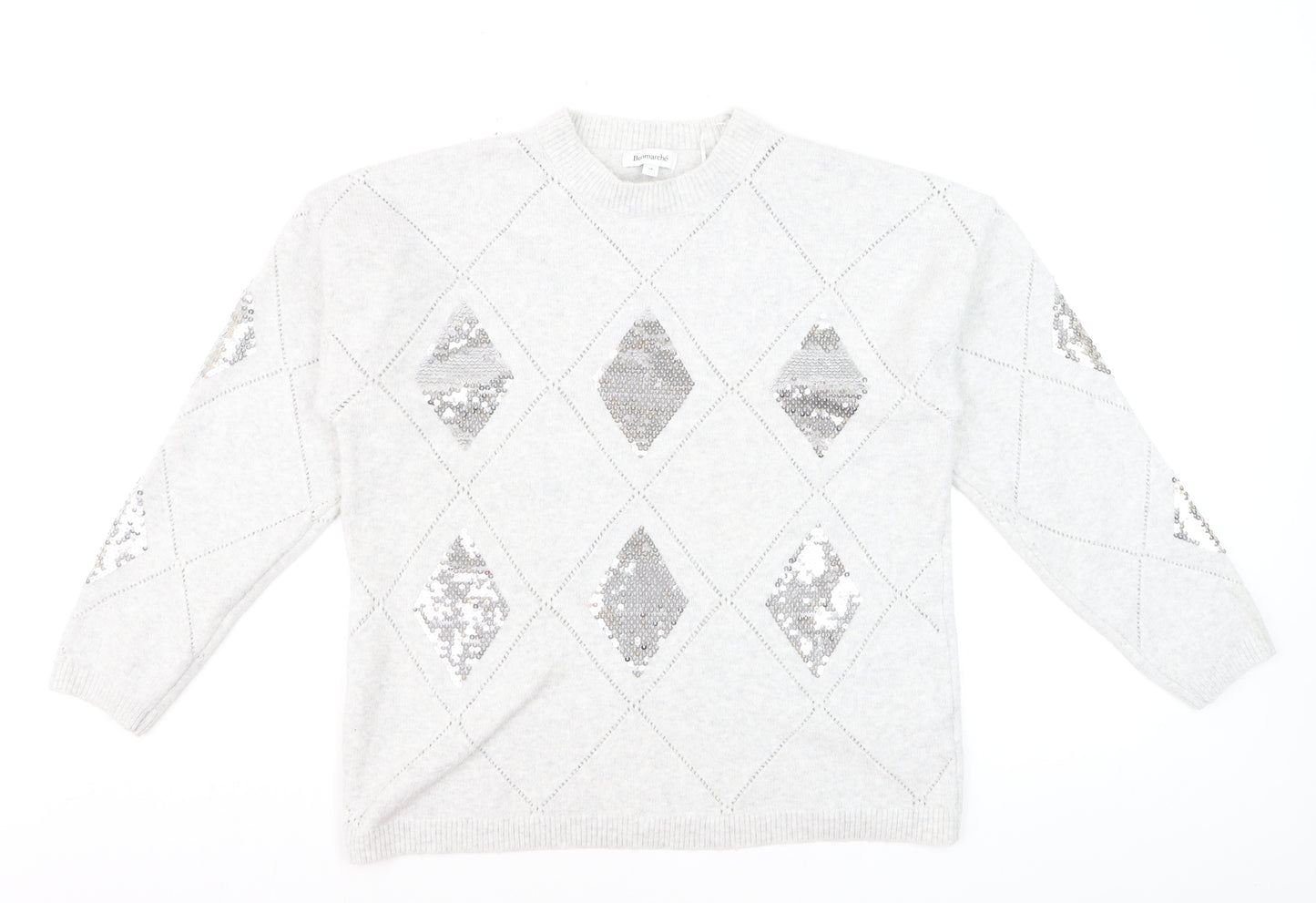 Bonmarché Women's Silver Sequin Argyle Jumper Size 14 Grey Long Sleeve Knit