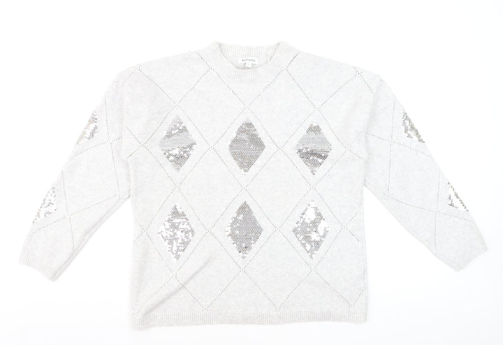 Bonmarché Women's Silver Sequin Argyle Jumper Size 14 Grey Long Sleeve Knit