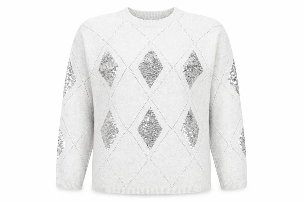 Front view of Bonmarché Women's Silver Sequin Argyle Jumper, size 14, Grey Long Sleeve Knit