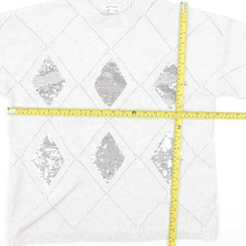 Bonmarché Women's Silver Sequin Argyle Jumper Size 14 Grey Long Sleeve Knit