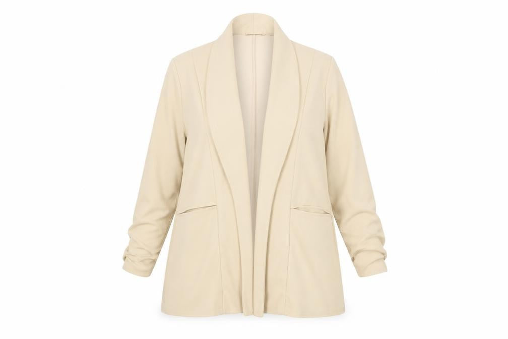 Front view of Boohoo Women Beige Shawl Collar Longline Blazer, size 18