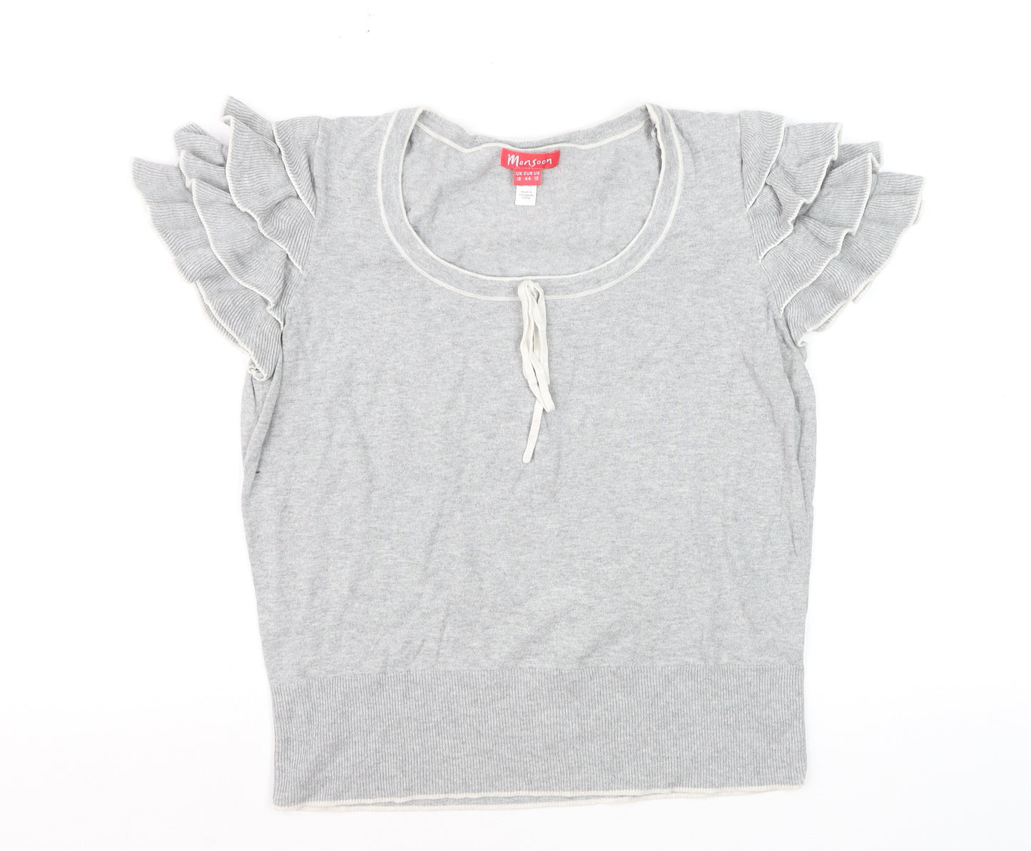 Monsoon Women’s Grey Cotton Ruffle Sleeve Pullover Jumper Size 16