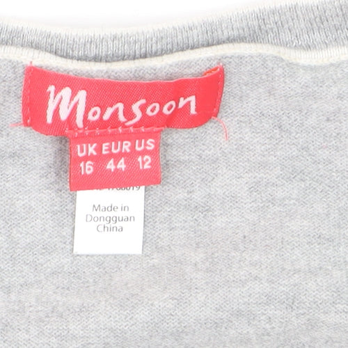 Monsoon Women’s Grey Cotton Ruffle Sleeve Pullover Jumper Size 16