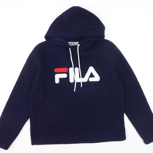 Fila Women Navy Blue Hooded Pullover Hoodie Size L Fleece Logo