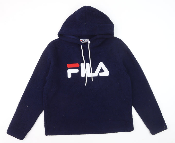 Fila Women Navy Blue Hooded Pullover Hoodie Size L Fleece Logo