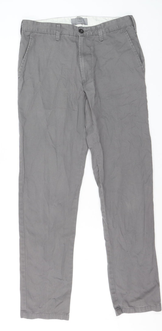 Marks and Spencer Men's Grey Cotton Chino Trousers 30W 31L Tapered Fit