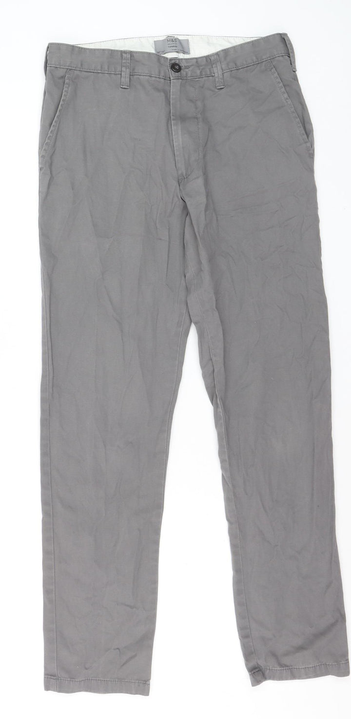 Marks and Spencer Men's Grey Cotton Chino Trousers 30W 31L Tapered Fit