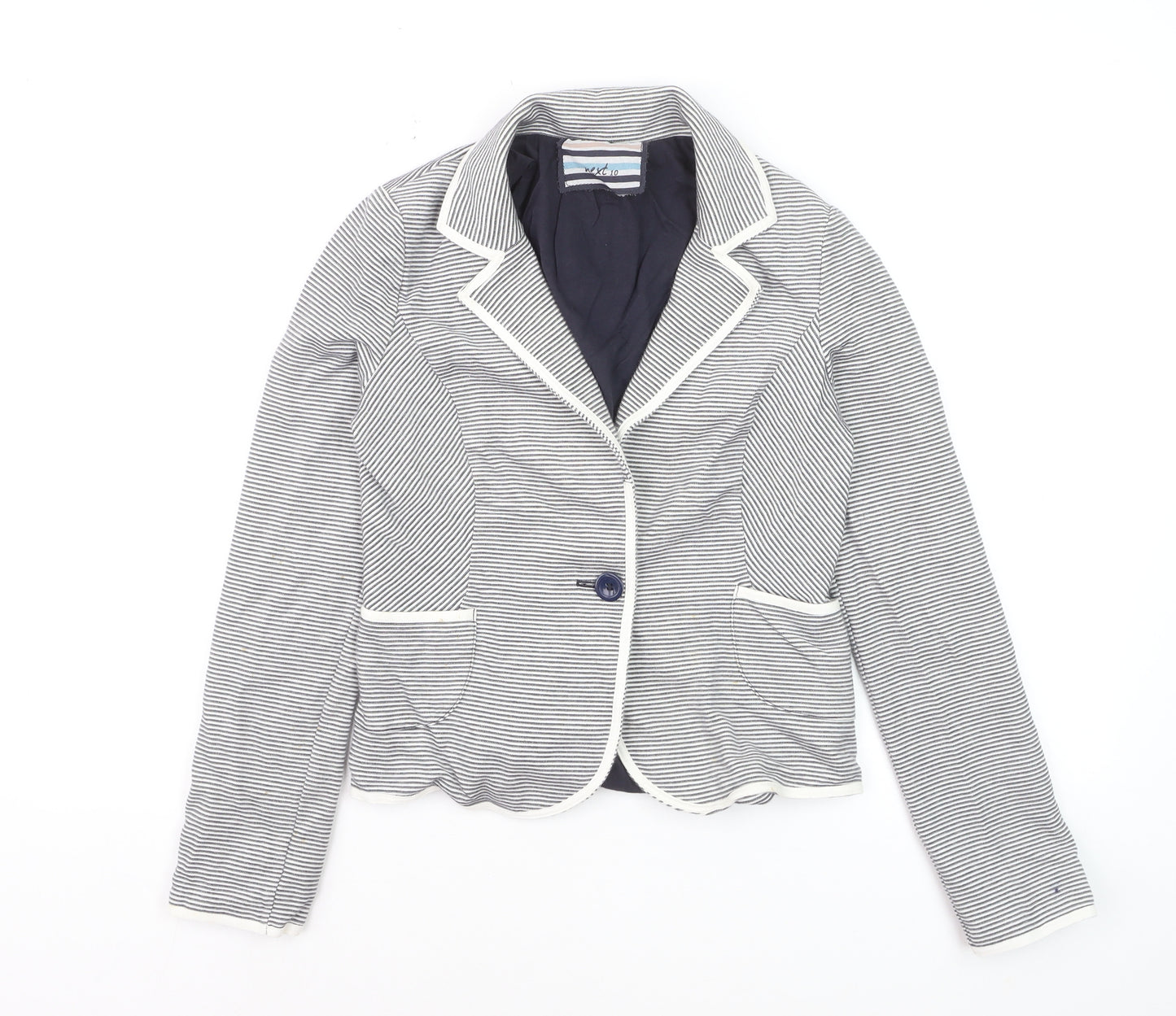 Next Women Blue Striped Cotton Blazer UK 10 Single Breasted Jacket