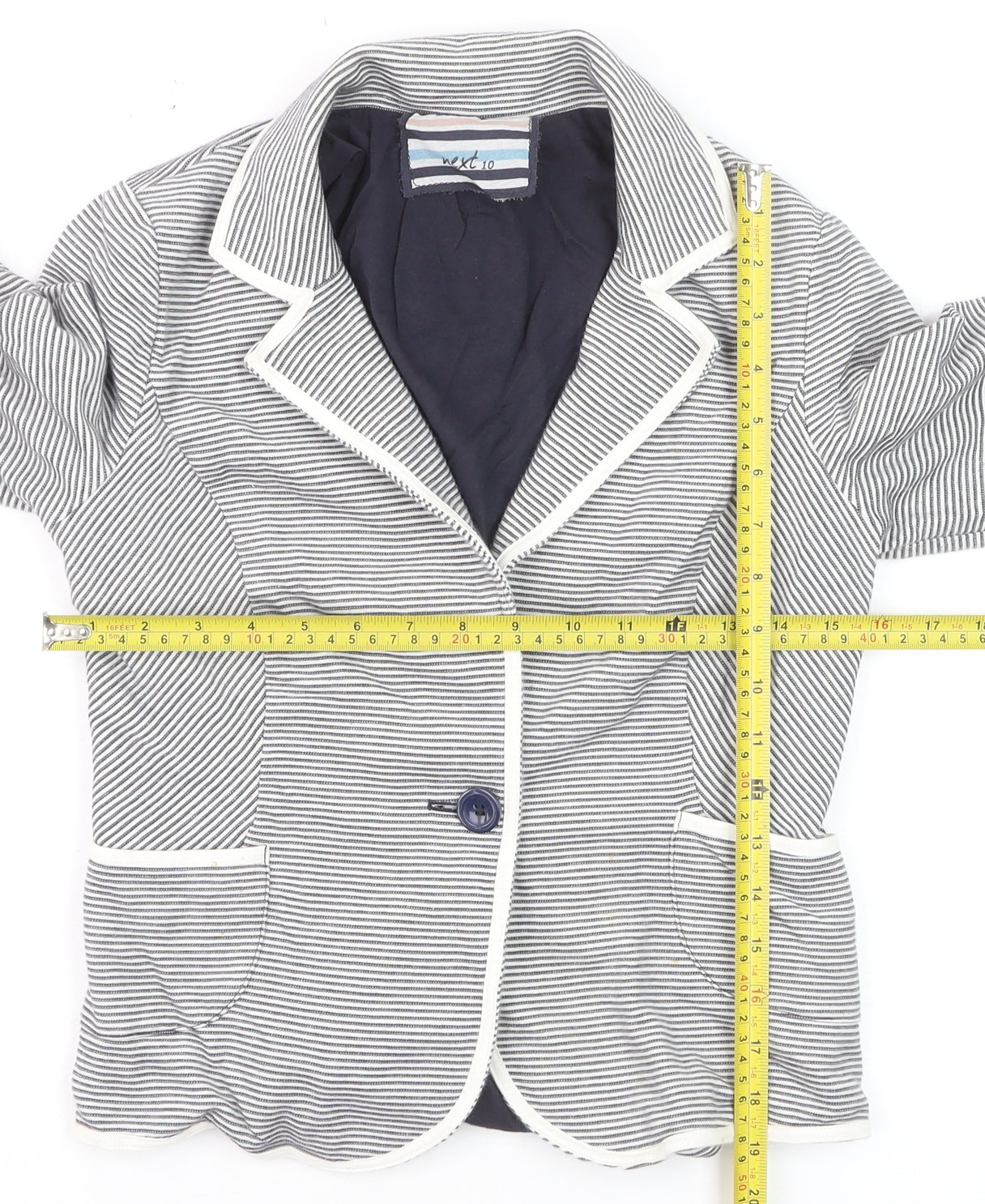 Next Women Blue Striped Cotton Blazer UK 10 Single Breasted Jacket