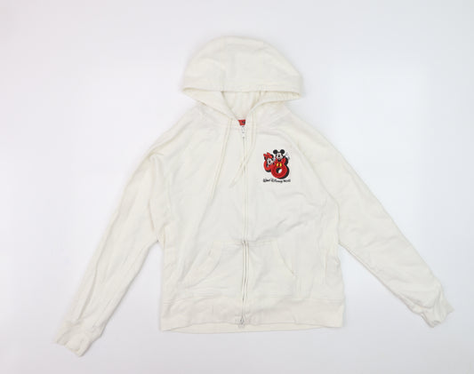 Front view of Walt Disney World Women’s White Full Zip Hoodie, size M, Embroidered Mickey Minnie