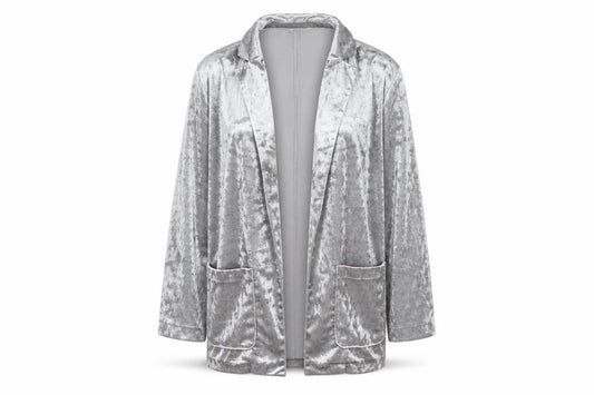 Front view of H&M Divided Women’s Silver Velvet Long Sleeve Cardigan, size UK 14