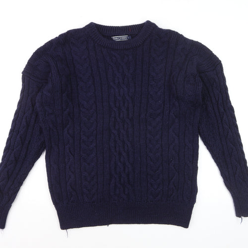Woolovers Men's Blue Cable-Knit Wool Crew Neck Jumper Size L