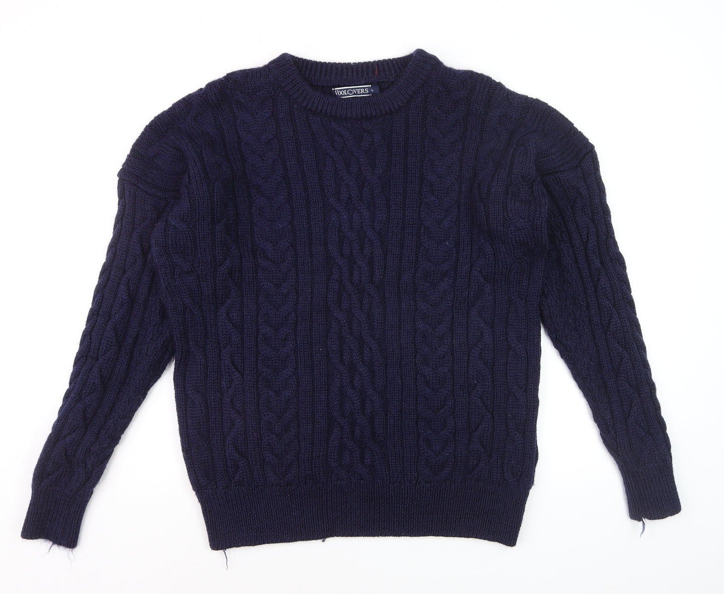 Woolovers Men's Blue Cable-Knit Wool Crew Neck Jumper Size L