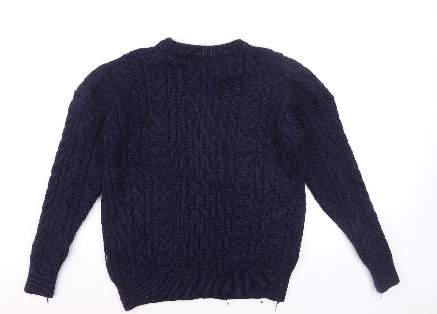 Woolovers Men's Blue Cable-Knit Wool Crew Neck Jumper Size L