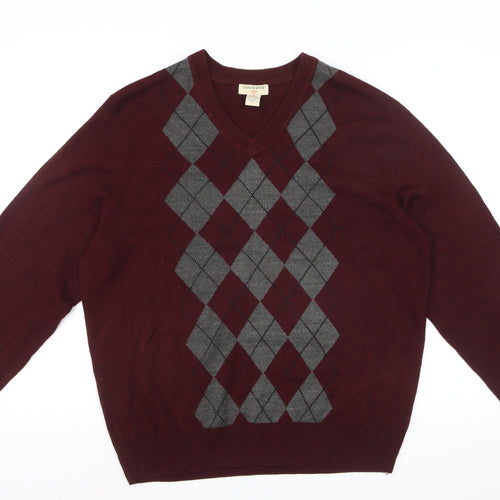 Dockers Men's Red Argyle V-Neck Knit Jumper Size L
